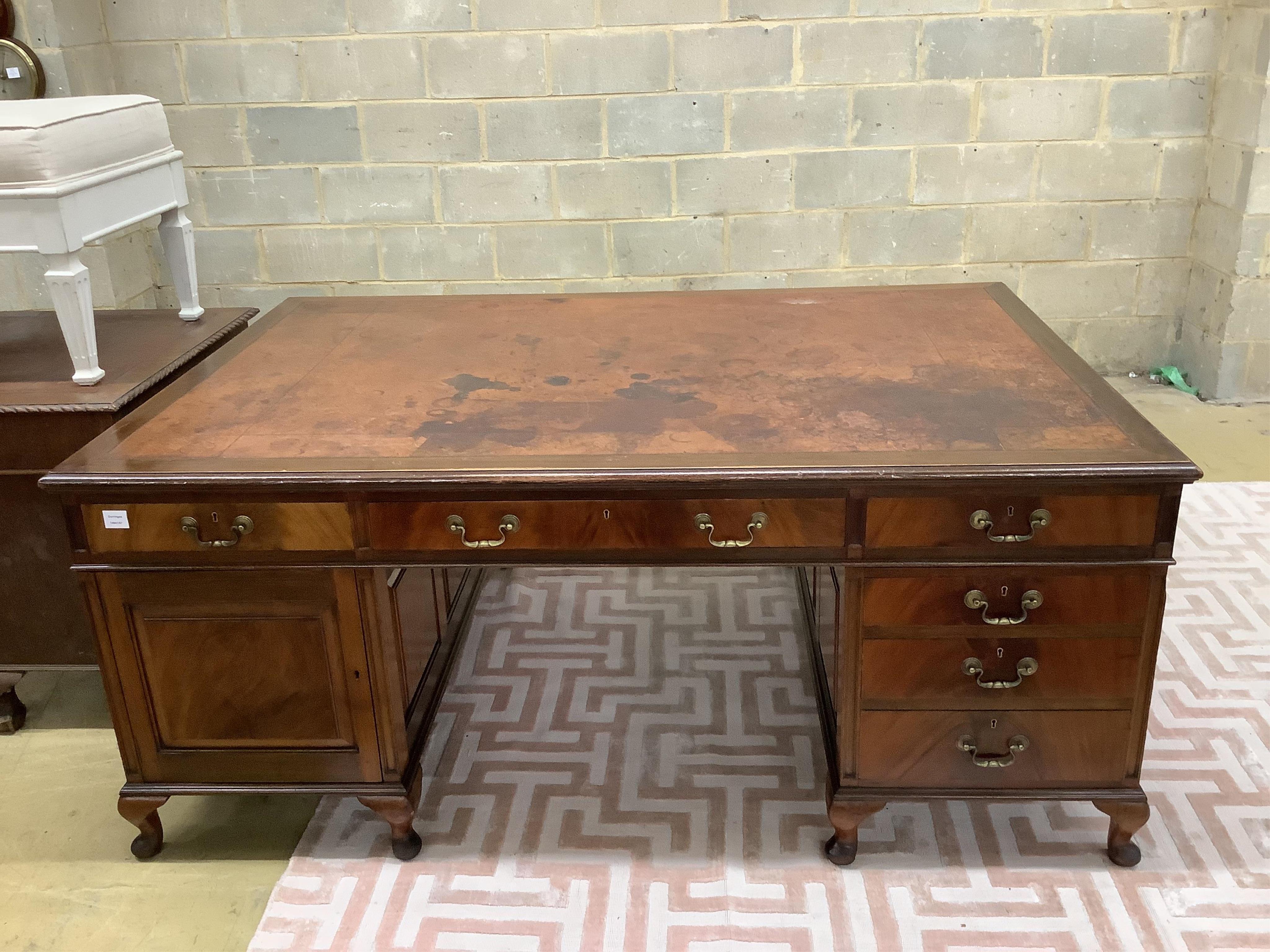 An early century George III style mahogany pedestal partner's desk, width 183cm, depth 122cm, height 78cm. Condition - fair